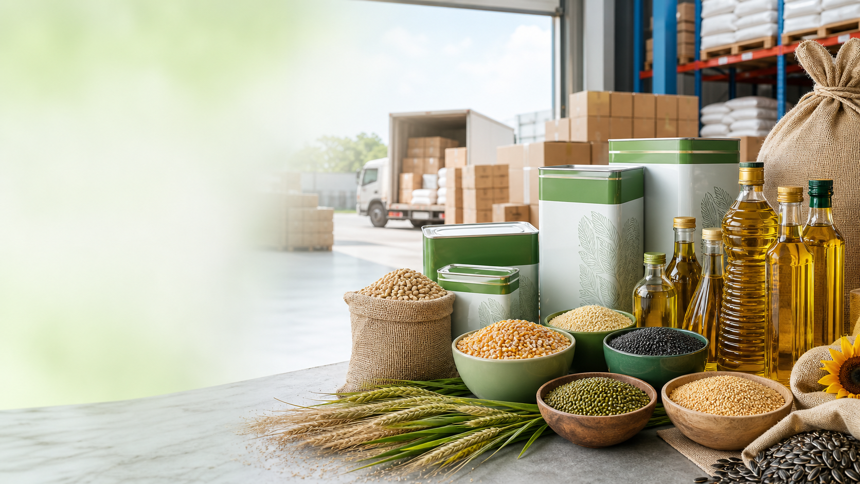 Agro commodities, edible oils, and dispatch-ready packaging in a modern warehouse